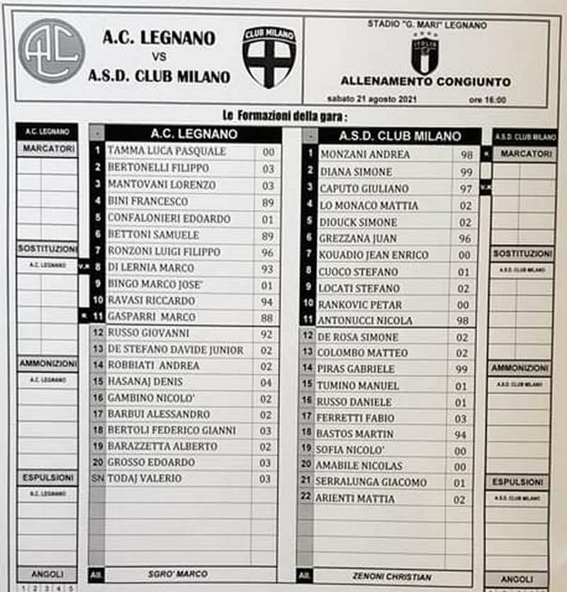 Amichevole Legnano-Club Milano 3-1